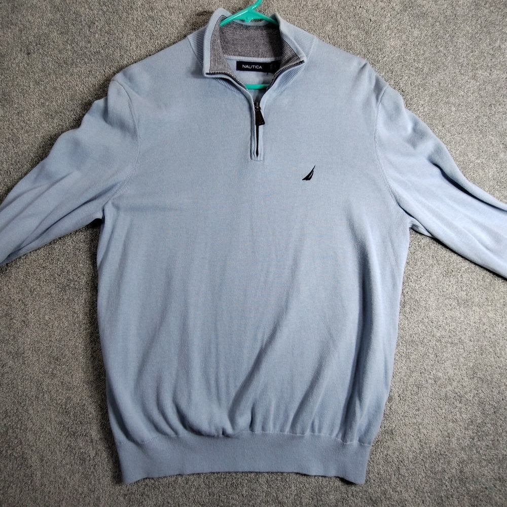 Nautica Mens Light Blue 1/4 Zip Pullover Cotton Sweater S3720T Size L